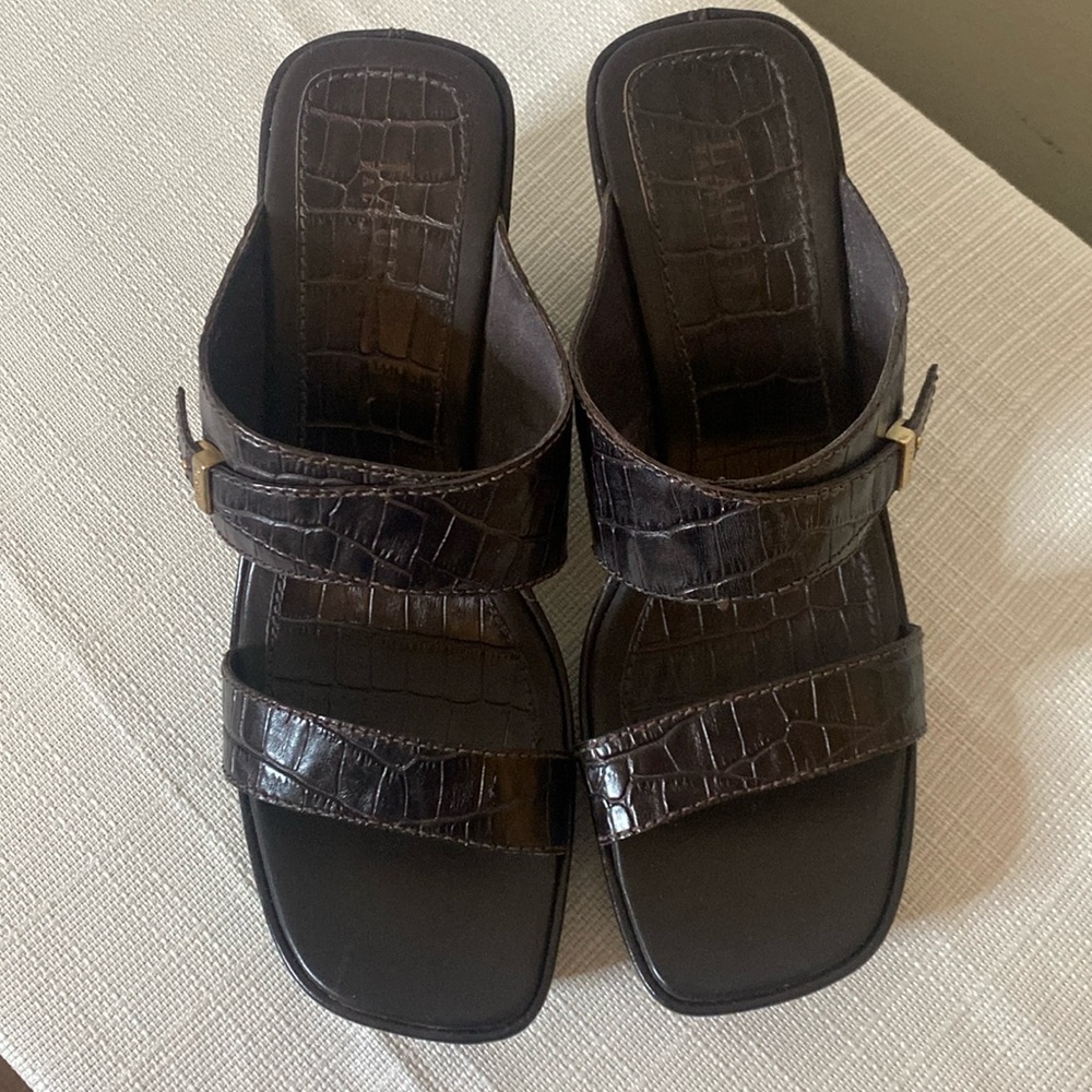 Ralph Lauren Dark Brown Croc-Embossed Leather Wedge Slides